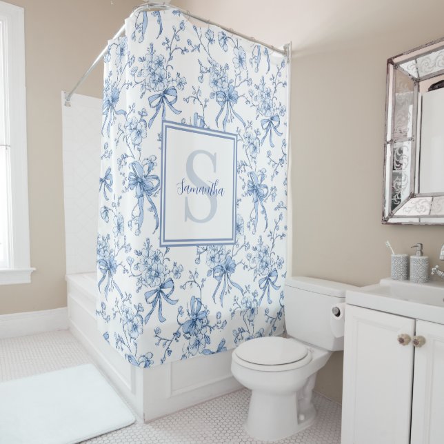 Cortina De Ducha Blue Floral French Toile Monogram Name (In situ)