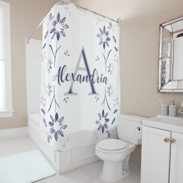 Cortina De Ducha Blue Floral Personalized Monogram Name (In situ)