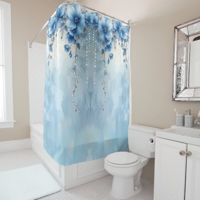Cortina De Ducha Blue Flowers and Pearls Shower Curtain (In situ)