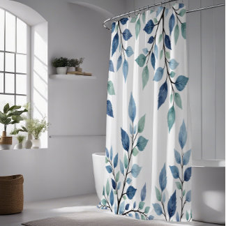Cortina De Ducha Blue Green Watercolor Leaves Botanical Design 376