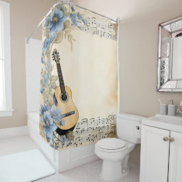 Cortina De Ducha Blue Guitar Music Notes Flowers