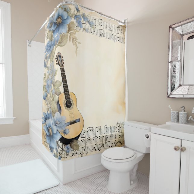 Cortina De Ducha Blue Guitar Music Notes Flowers (In situ)