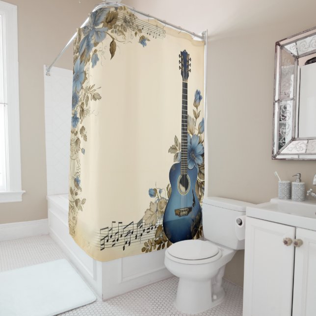 Cortina De Ducha Blue Guitar Music Notes Flowers (In situ)