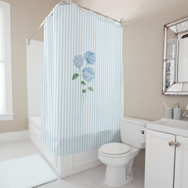 Cortina De Ducha Blue Hydrangea Stripe Pattern Coastal  (In situ)