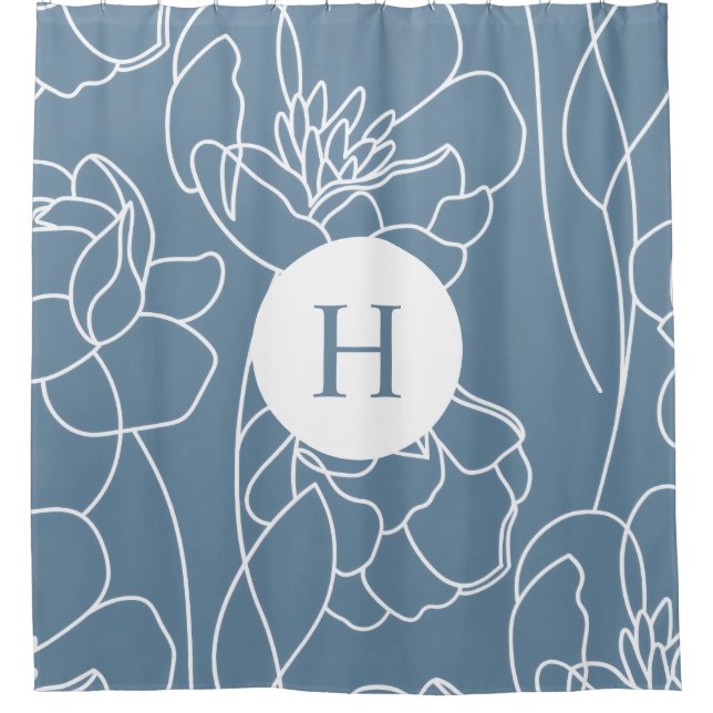 Cortina De Ducha Blue Modern Elegant Wildflower Monogram Name (Anverso)