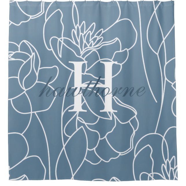 Cortina De Ducha Blue Modern Elegant Wildflower Monogram Name (Anverso)