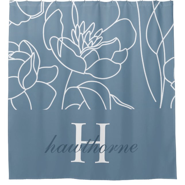 Cortina De Ducha Blue Modern Elegant Wildflower Monogram Name (Anverso)