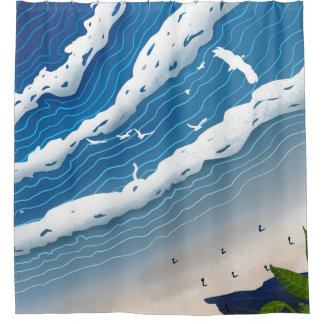Cortina De Ducha Blue Ocean Waves Wall Art 🌊 Minimal Coastal Sky P