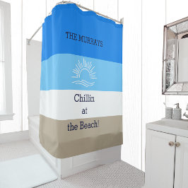 Cortina De Ducha Blue Tan y White Stripes Family Beach House