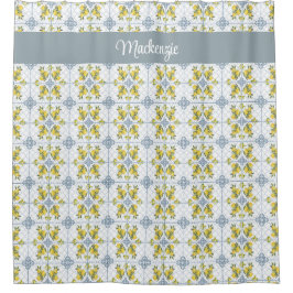 Cortina De Ducha Blue Watercolor French Country Lemon Name Monogram