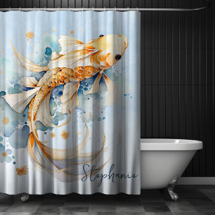 Cortina De Ducha Blue Watercolor Gold Koi Fish