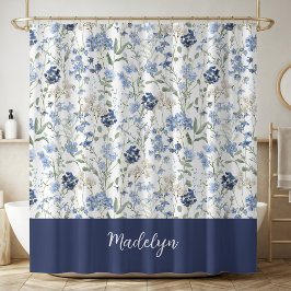 Cortina De Ducha Blue Watercolor Wildflower Monogram Name