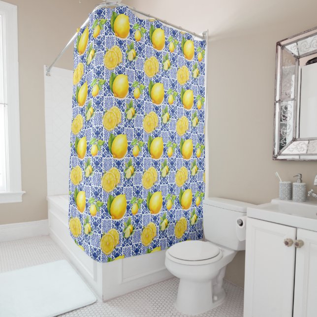 Cortina De Ducha Blue White Lemon Tile Pattern Mediterranean Citrus (In situ)