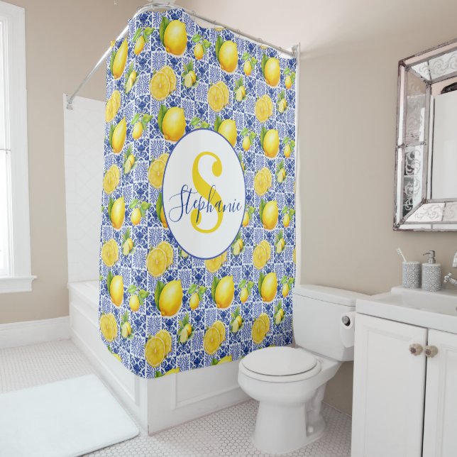Cortina De Ducha Blue White Lemon Tile Pattern Name Monogram Citrus (In situ)