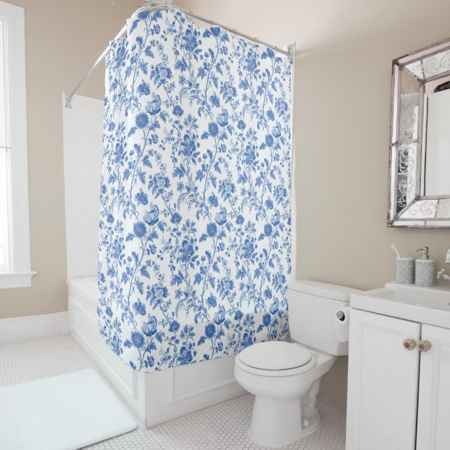 Cortina De Ducha Blue White Toile Floral  (In situ)