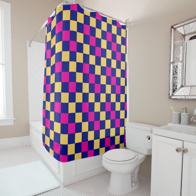Cortina De Ducha Blue Yellow Pink Checkered Pattern Design  (In situ)