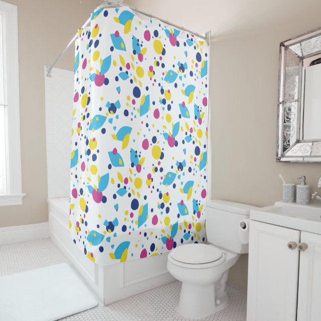 Cortina De Ducha Blue Yellow Pink Fun Flow Abstract Pattern Modern (In situ)