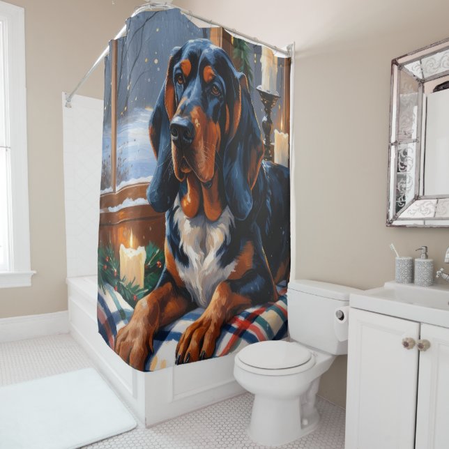 Cortina De Ducha Bluetick Coonhound con Luces de Navidad Fiesta (In situ)