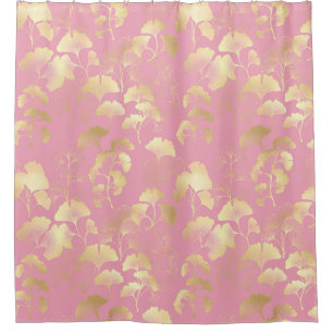 Cortina De Ducha Blush Ginkgo Luxe – Botánico Dorado sobre Rosa (7)