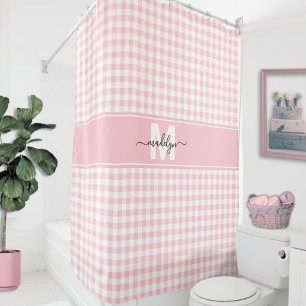 Cortina De Ducha Blush Rosa Gingham Cuadros Monograma