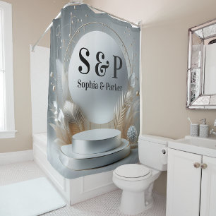 Cortina De Ducha Boda de escritura moderna de podio gris plateado