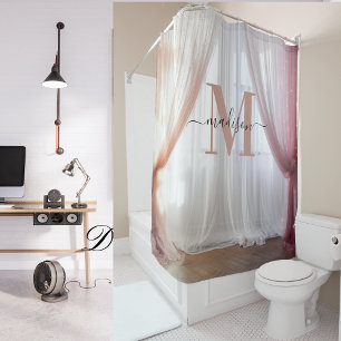 Cortina De Ducha Boda del guión de fondo del monograma negro rosa b