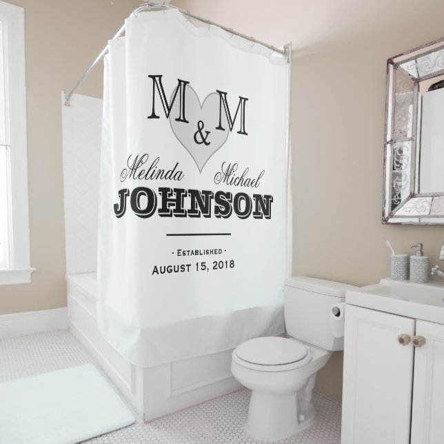 Cortina De Ducha Boda Monograma de Corazón Blanco y Negro (In situ)