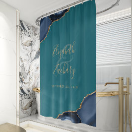 Cortina De Ducha Boda Personalizada Azul Marino Ágata Dorada Turque