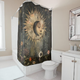 Cortina De Ducha Boho Celestial Sun Moon Wildflower Garden