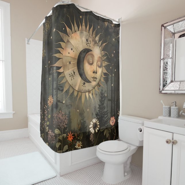 Cortina De Ducha Boho Celestial Sun Moon Wildflower Garden (In situ)