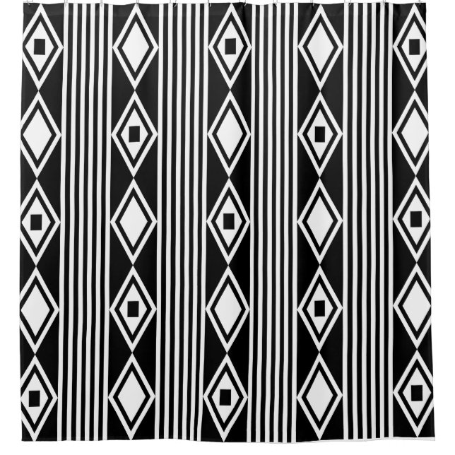 Cortina De Ducha Boho Diamonds Stripes White Black (Anverso)