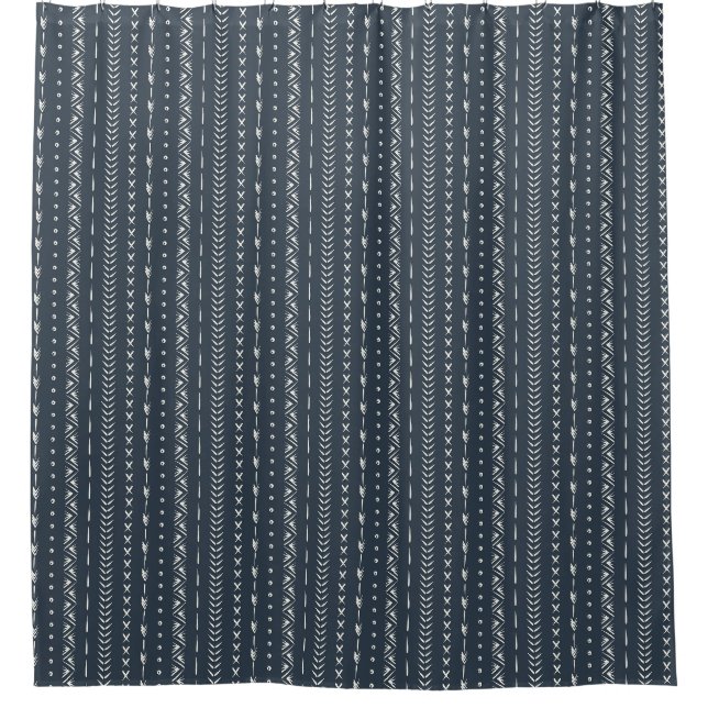 Cortina De Ducha Boho Farmhouse Flecha Raya Geométrico Azul Oscuro (Anverso)