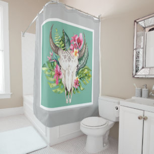 Cortina De Ducha Boho Floral Cráneo Verde Acuario y Gris Chic Glamo