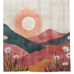 Cortina De Ducha Boho Floral Mountain Sunset - Rústica Naturaleza