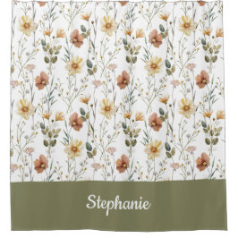 Cortina De Ducha Boho Green Watercolor Wildflower Monogram Name