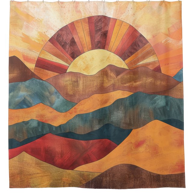 Cortina De Ducha Boho Sunset Over Mountains - Paisaje Retro Earthy (Anverso)