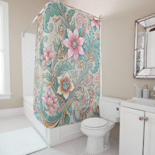 Cortina De Ducha Boho Verde azulado rosa Pastel Floral de batik ind