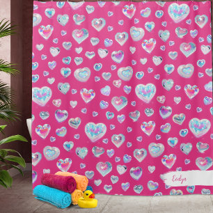 Cortina De Ducha Bonito 3D Sparkly Crystal Gemstone Hearts on Pink