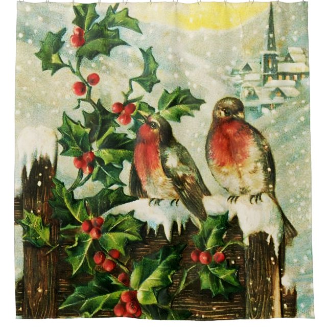 Cortina De Ducha Bonito de nieve Holly y pájaros (Anverso)