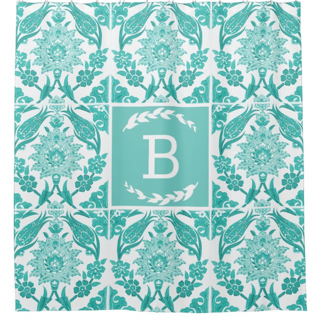 Cortina De Ducha Bonito Farmhouse Blue Floral Tile & Laurels (Anverso)