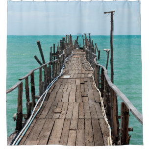 Cortina De Ducha Bonito puente de madera con fondo de mar azul en S