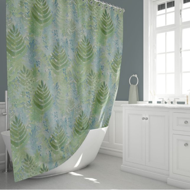 Cortina De Ducha Bonitos Blues Botánicos Verdes (Delicate Fern Leaves In Shades Of Blues And Greens Shower Curtain from Studio Posies.)