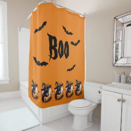 Cortina De Ducha Boo | Asustado Gato Negro Y Naranja Jack-o-Lantern