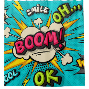Cortina De Ducha Boom burbuja de arte pop. Sonría, guau, pow, cool,