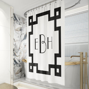 Cortina De Ducha Borde de Clave Griega Blanco Monograma Deco