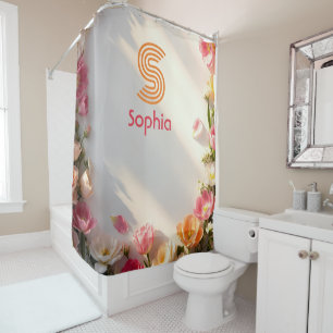 Cortina De Ducha Borde Floral Moderno con Nombre Personalizado 