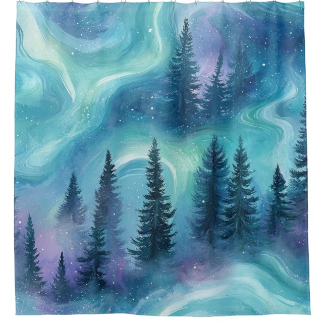 Cortina De Ducha Bosque Aurora Boreal Acuarela (Anverso)