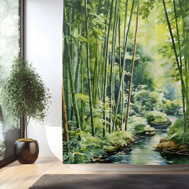 Cortina De Ducha Bosque Japonés de Bambú en Acuarela