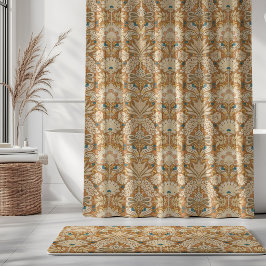 Cortina De Ducha Botánico Damasco Crema Óxido Azul Amarillo