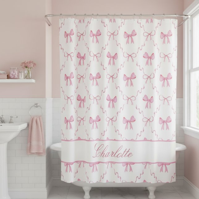 Cortina De Ducha Bow rosado (sweet girly pink coquette bow shower curtain with custom name in calligraphy script for bathroom)